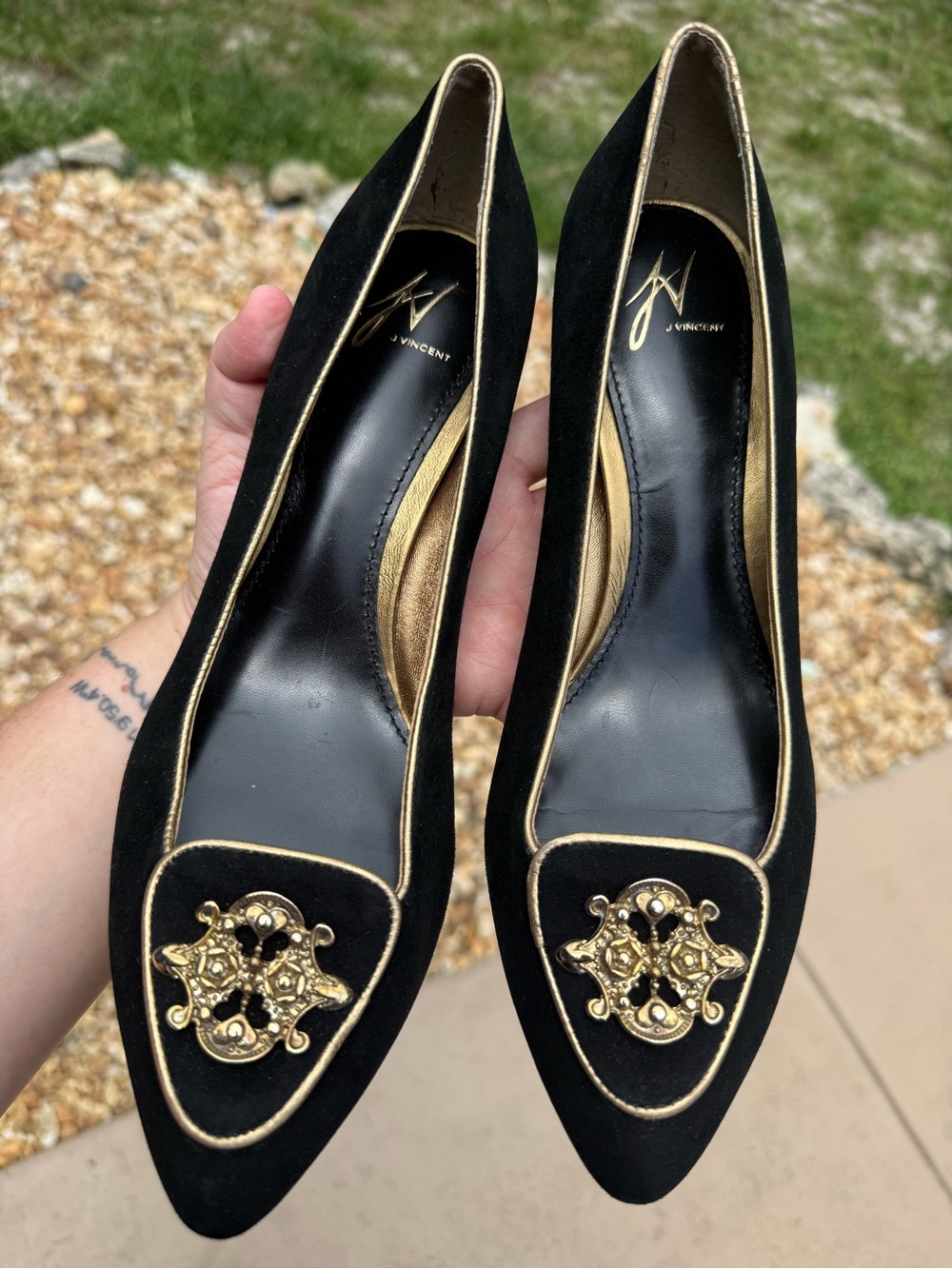 J. Vincent Black Suede Pointed Toe heels with Gold Trim
